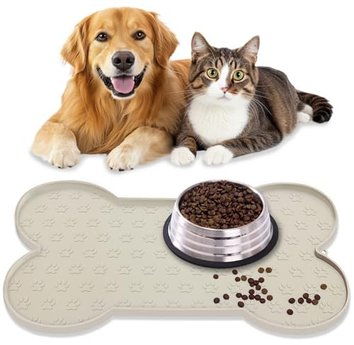 Waterproof Pet Feeding Mat, Dog Cat Food Mats Anti-Slip Silicone Dog Bowl Mat, Raised Edge to Contain Spills Protects Floors, Placemats for Pet Water Bowl, Dishwasher Safe (49.5 X 25.5 cm, Dark Beige)