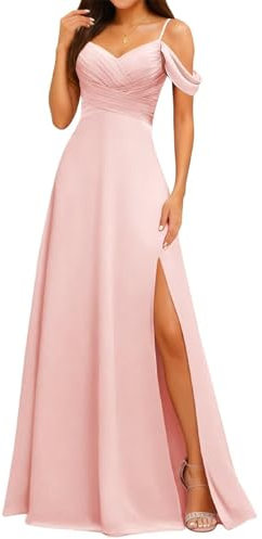 YIANN Robes de demoiselle d'honneur à épaules dénudées avec fente plissée en mousseline de soie longue robe de soirée formelle, Rose pâle, 46