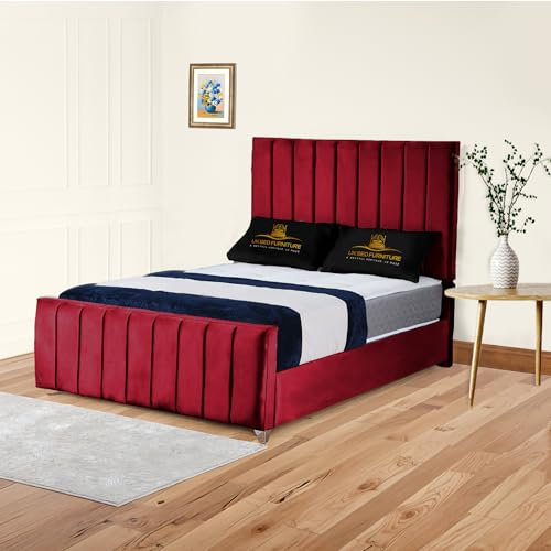 Richmond Upholstered Bed Frame in Plush Velvet | Elegant Vertical Panel Headboard & Footboard | Gas Lift Storage or Wooden Slats (Maroon, 4FT6 Double - Gas Lift Storage - With Mattress)
