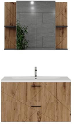 Vicco Badmöbel-Set Irma, Anthrazit/Goldkraft Eiche 100 cm | besteht aus Waschbeckenunterschrank inkl. Waschbecken und Badspiegel,