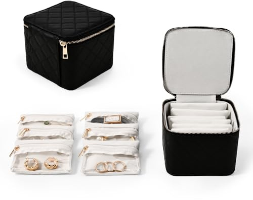 Papten Reise Schmuck Organizer mit transparente Schmuck Tasche für Ohrringe Armband Halskette Ring, kompakte Aufbewahrungsbox Schmuckrolle（Schwarz）