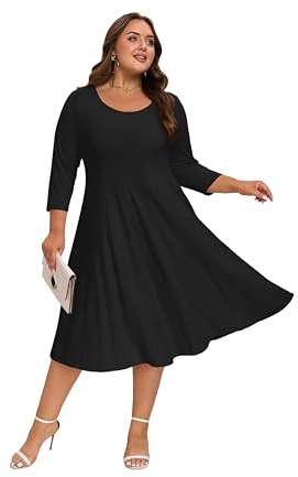 Moon Wood Damen Übergröße Midikleid 3/4 Ärmel Rundhalsausschnitt A-Linie Flare Kleider mit Taschen Freizeitkleider Alltag