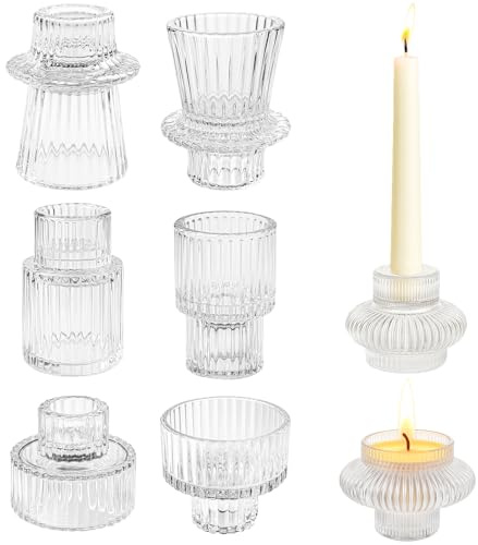 Ferenando 8 Pcs Glass Candle Holders, Reversible Candle Holder Ribbed, Glass Candlestick Holders Set, Small Candlestick Reversible for Christmas, Weddings, Party and Valentine's Day