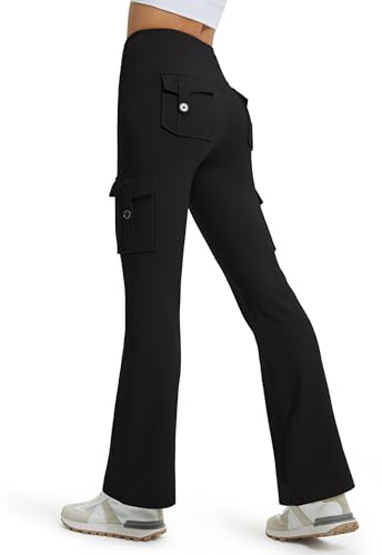 Libin Damen Thermo Flared Leggings Winter | Wasserabweisend gefütterte Thermohose Wanderhose Sporthose Schlaghose Yogahose Cargohose Bootcut Hose mit Taschen