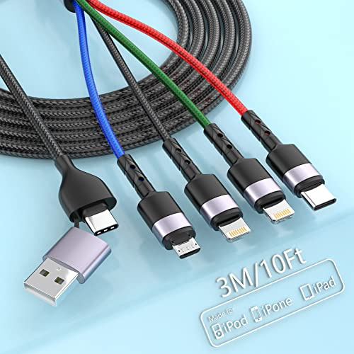 3M/10FT Multi Charging Cable 6 in 1 - USB A/Type C to Lightning*2 + Type C + Micro USB - Nylon Braided Charger Cord Adapter for Android/iPhone