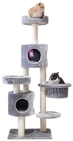 Petrebels Kratzbaum Residence 165 cm hoch, mit Hängematte und Schlafhöhlen, Für kleine und mittelgroße Katzen, Farbe Grau