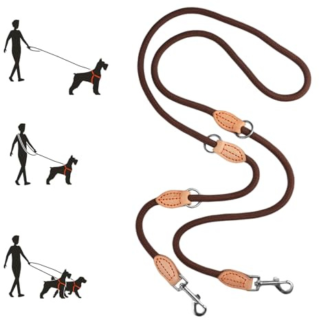 Hundeleine für Große und Mittelgroße Hunde mit 2 Karabiner, 2.1m, Braun | Verstellbare Doppelleine Rund, Führleine Hund, Robustem Nylon, Multifunktionale Dog Leash Adjustable für 2 Hunde