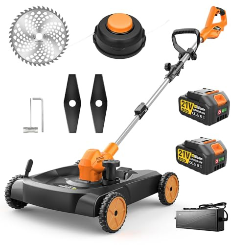 Tondeuse à gazon sans fil 3-en-1, débroussailleuse & coupe-bord, moteur sans balais 3000W, 18,9 3 lames, 2×4.0Ah, hauteur & angle réglables, brosse gazon artificiel pour gazon, mauvaises herbes (oro)