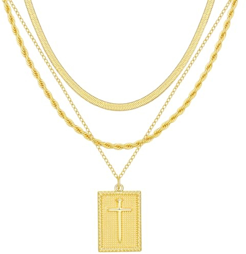 Emibele Collana a strati con croce per donna, 3 fili placcati oro 14K con ciondolo a croce, regalo cristiano per compleanno, Natale o San Valentino per donne
