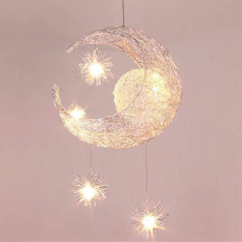 PETITES ECREVISSES Lustre Suspension Lune étoiles LED Plafonnier Luminaire Aluminium avec 5 Ampoules pour Enfants Chambre (lumière blanche)
