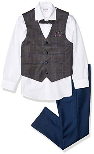 Isaac Mizrahi Boys' 4-Piece Plaid Vest Set, Brown/Blue