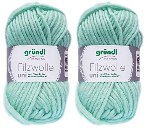 2x50 Gramm Gründl Filzwolle inkl. Anleitung für Topflappen (Uni Farben, 63 Mint)