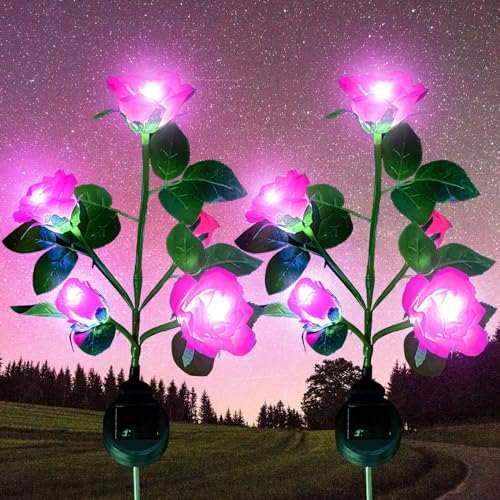 XVZ Solar Gartenstecker für Außen Garten, 2 Stück LED Rose Solar Lampen mit größerer Blume und Breiterem Wasserdichte Solarpanel, Solar Blumen für Rasen Terrasse Weg Balkon Deko - Rosa