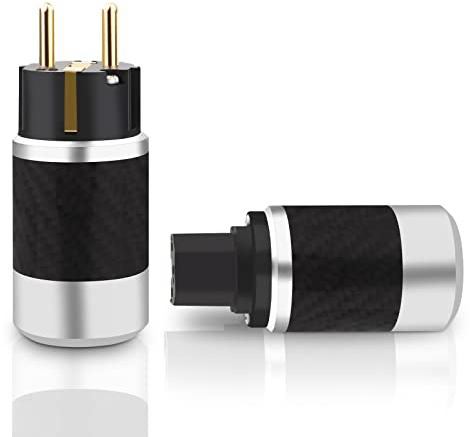 CFB-4E(G) HiFi Schuko Netzstecker SCHUKO Stromstecker, 2-polig Kaltgerätestecker Vergoldeter Kohlefasergehäuse Euro Netzstecker und IEC C15 Stecker für DIY HiFi Netzkabel (Vergoldet)