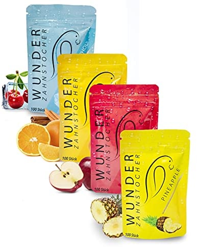 Wunder Palillos de Dientes - En 4 Variedades Refrescantes - Palillos de Dientes con Gusto - Palillos de Dientes Mentol - contra el mal aliento - aliento frescor - Limpieza dental - 4 paquetes