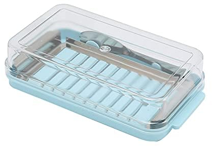 Butterschneider, Butterdose aus Edelstahl und Kunststoff, mit Transparente Deckel und Einem Buttermesser, Behälter für die Butteraufbewahrung (Blau)