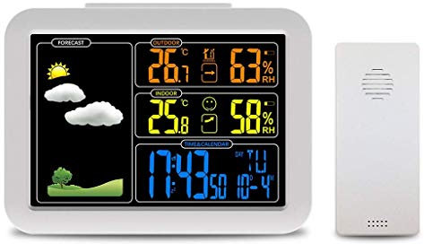 DBOATB Reloj Despertador con Estaciones meteorológicas Sensor de Temperatura y Humedad Pantalla LCD Colorida Pronóstico del Tiempo Reloj Despertador controlado por Radio Estación meteorológica Pant