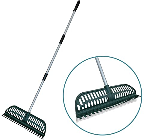 ORIENTOOLS Artificial Grass Rake, Lawn Rake with Adjustable Steel Handle 124 to 160 cm, Artificial Grass Brush and Strong Tines Fake Garden Rakes for Lawns