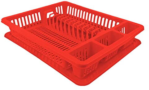 VIRSUS Scolastoviglie con vassoio raccogli goccia, dimensioni 45,5x36x7 cm, Scolapiatti plastica per i bicchieri piatti e tre scomparti per le posate Vari colori (rosso)