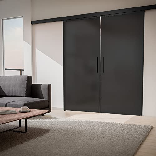 inova Doppel Glas-Schiebetür 2-Flügelig vollsatiniert 1800 x 2035 mm Grauglas schwarz Alu Komplettset mit Lauf-Schiene und Stabgriff