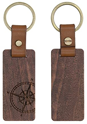 kwmobile Schlüsselanhänger aus Holz und Leder - Walnussholz Anhänger für Schlüssel mit Schlüsselring - Dunkelbraun - Kompass Vintage