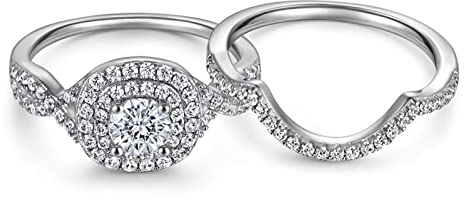 Skcess Damenring Silber 925, Ringe Damen Weißes Gold Set Aus Zwei Ringen Zirkon Zwei Ring Set Größe 49 (15.6)