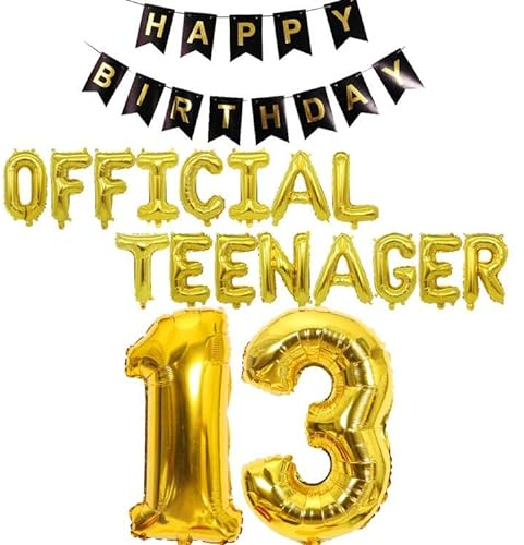 Offizielle Teenager 13. Geburtstag Dekorationen Mädchen Jungen, Happy Birthday Banner Nummer 13 Geburtstags Folien Ballons Offizielle Teenager Ballons für 13 Jahr Geburtstags Deko (Gold)