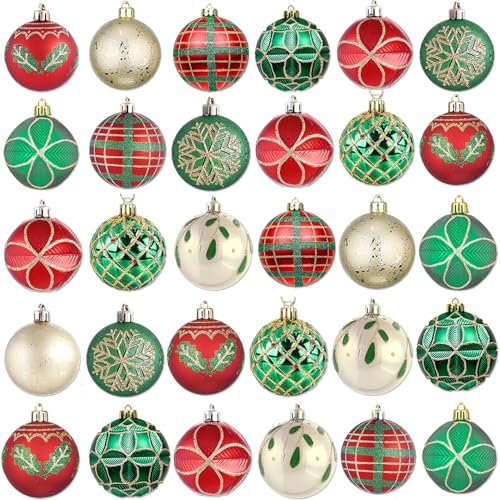 30Stück Weihnachtskugeln Set,Christbaumkugeln Rot Grün 6cm,Weihnachtsbaumkugeln Baumschmuck mit Aufhänger für Weihnachten Hochzeit Party