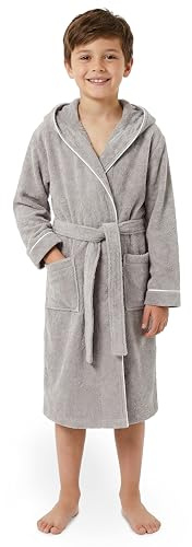 LAYNENBURG Premium Bademantel Kinder & Teenager mit Kapuze - 100% Baumwolle - OEKO TEX Standard 100 - flauschiges Frottee - Größe (170/176, Grau)