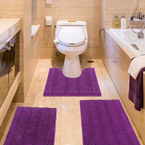 ACCUMTEK Gestreiftes lila Badezimmerteppich-Set, 3-teilig, ultraweich, rutschfest, Chenille, WC-Vorleger, saugfähiger Plüsch, zottelige Badematten für Badezimmer, Schlafzimmer, Küche