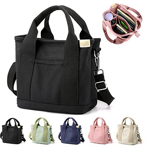 YILCER Borsa tote multi-tasca con cerniera, borsa in tela giapponese fatta a mano con scomparti, borsa multifunzione per donne donne universitarie scuola lavoro viaggi, Nero-piccolo, 9 * 8.3 * 5.9in