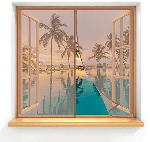 MüCkenschutz Fenster 90x130cm Braun Waschbar Insektenschutz Fenster Fliegengitter Fenster Mückengitter mit starkem Magnet für Fenster