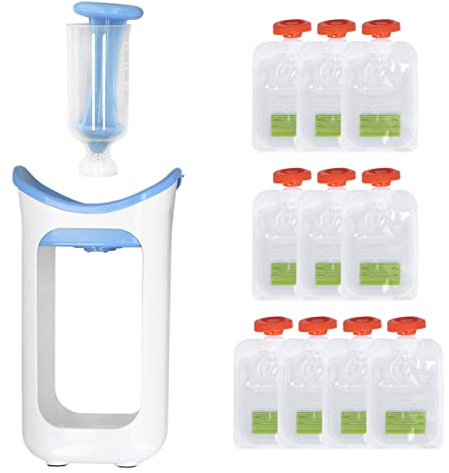 Quetschbeutel und Quetschstation, Beutelfüllstation, Selbstgemachter Lebensmittelzubereiter für Frische Fruchtsäfte mit 10 Quetschbeuteln für Säuglinge, Babys und Kleinkinder, (Blau)