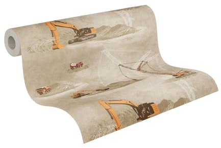 Tapete Kinderzimmer - Kindertapete Jungs - Bagger Tapete beige gelb Spielzimmer - 10,05m x 0,53m - Made in Germany
