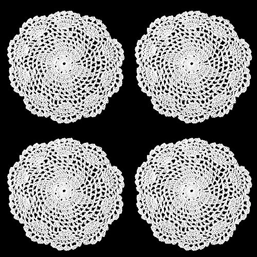 WLLHYF Manteles Individuales de Ganchillo Vintage Blancos de 8 Pulgadas de algodón Hechos a Mano para Manualidades Juego de Tela a Granel con Borde Corrugado para Bodas cumpleaños Paquete de 4