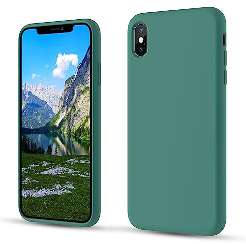 CALOOP Slim-Fit for iPhone X Case,iPhone XS Case,Skin Soft Liquid Silicone,Sturdy Shockproof Hard Frame Cover with Anti-Scratch Microfiber Lining,Robust Full Protection for Screen(Pine Green)