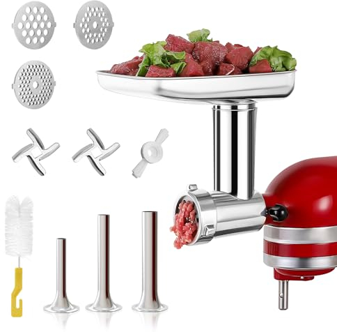 Rafbar Metal Food Grinder Attachment for KitchenAid Stand Mixers, Meat Grinder for KitchenAid Included 3 Sausage Stuffer Tubes, 3 Grinding Plates, 2 Grinding Blades, Meat Processor Accessories