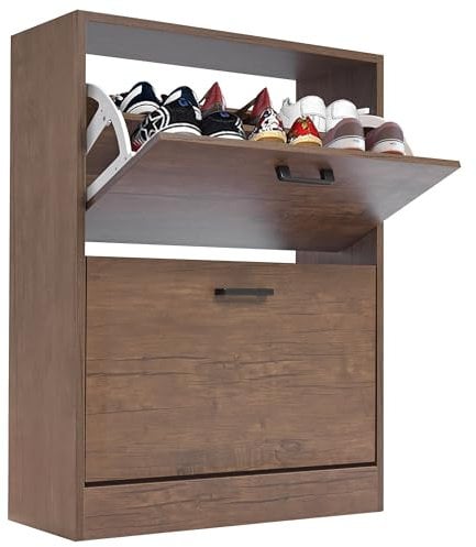 Blisswood 2 Drawer Shoe Cabinet, Wooden Shoe Storage Organiser Cupboard Unit Hallway Furniture, freestanding Entryway 2 tier Modern Shoes Rack Cabinet Footwear Stand for Shoes (Walnut)