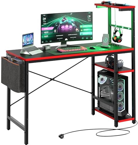 Bestier Scrivania Gaming con Prese Elettriche Integrate - Tavolo da Gioco Ergonomico con con ganci per cuffie, Illuminazione LED RGB, piccolo spazio, per Gamer Professionisti, nero fibra