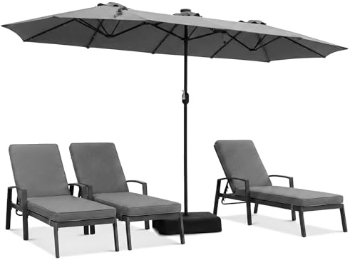 RELAX4LIFE Ombrellone da Giardino 4 x 2M con Luci LED, Ombrellone Grande con Base e Apertura Manovella per Patio, Terrazzo, Balcone e Ristorante (Grigio-Base+Luci, 4 x 2 M)