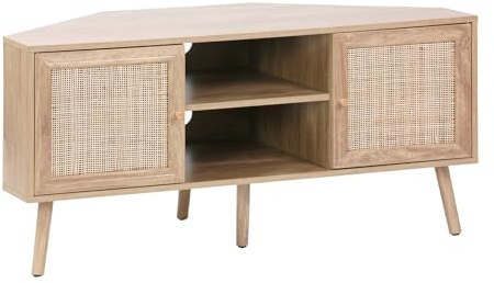 sweeek - Mueble TV esquinero, Madera y caña, 2 Puertas, 1 Estante, 115cm, Boheme, Natural, 115x55x56 cm