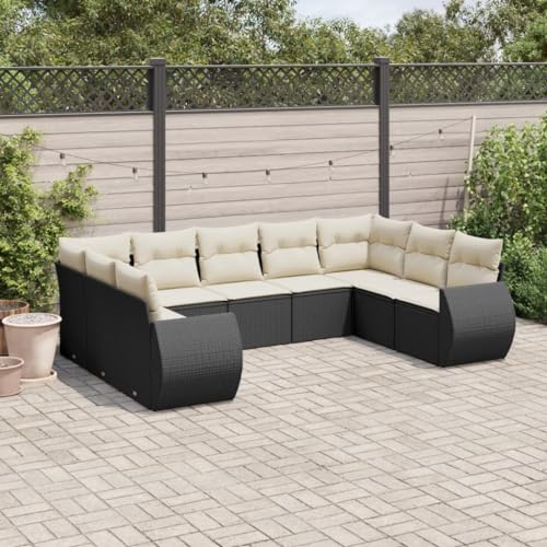 HEFZGDB 9-TLG. Garten-Sofagarnitur mit Kissen Schwarz Poly Rattan Balkon Sofa Gartenmöbel Lounge Sofa Outdoor Geeignet für Terrasse, Pool und Garten.