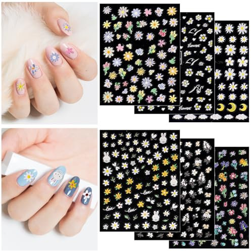 6 Sheets Small Daisy Nail Stickers, Self-Adhesive Colorful Daisy Flowers Bunny Daisy Nail Stickers Floral Rabbit Leaves Nail Art Decals Decoration Accessories Suitable for Women and Girls