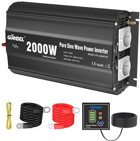 Giandel Inversor de Corriente 2000W Onda Sinusoidal Pura Convertidor DC 12V a AC 220V 230V con Mando a Distancia & 2 AC Tomas & Puerto USB para Coche de Caravana camión