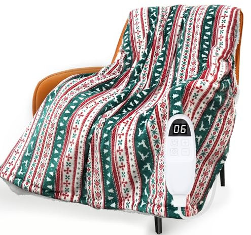 PRANITE Heizdecke - 180x130 cm Wärmedecke Sherpa-Flanell mit 6 Heizstufen, 10-Stunden-Timer Abschaltautomatik, Überhitzungsschutz, Elektrische Weihnachten Heizdecke Maschinenwaschbar, Rot