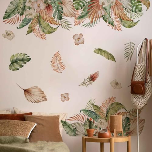 COVPAW Wandtattoo Tropische Pflanzen Blätter Wandaufkleber Baum Vogel Hängende Pflanzen Grün Wandsticker Kinderzimmer Wohnzimmer Schlafzimmer Flur Wanddeko (3 Color Plants)