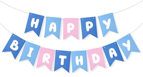 Bannière d'Anniversaire Rose et Bleue, Bannière de Joyeux Anniversaire avec Corde à Aiguille Toile Fond d'Anniversaire Rose et Bleue Décorations Bannière Filles Enfants Non Assemblée