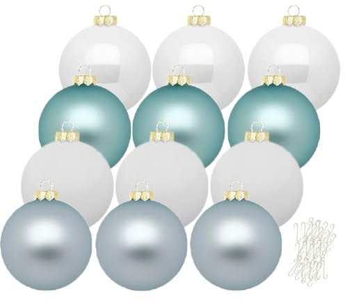 Inge Glas große Weihnachtskugeln mit Haken | Christbaumkugeln aus Glas | Set 12 Kugeln 8cm groß und 40 Aufhänger | Christbaumschmuck Weihnachtsbaumkugeln (Nordic Journey | weiß hellblau)