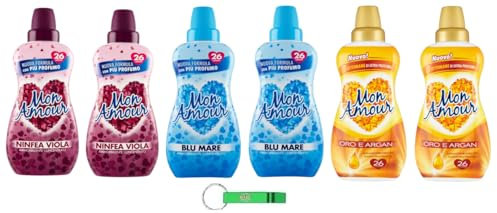 6x Testpaket Felce Azzurra Mon Amour Ammorbidente Concentrato - Konzentrierter Weichspüler Blu Mare - Gold und Argan - Lila Seerose 26 Wäschen 650ml + Beni Culinari Kostenloser Schlüsselanhänger