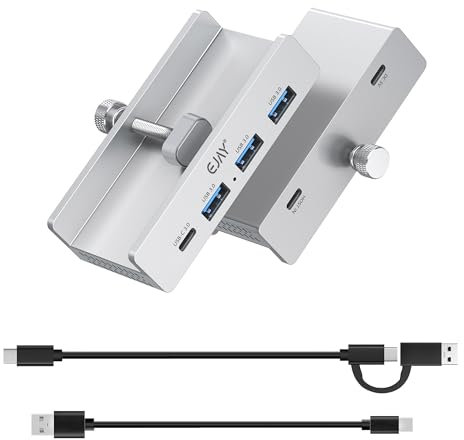 EJAY Mountable 4Ports USB3.0 HUB Alu Desktop Clamp Type C USB3.0 Splitter for Desk/Monitors with Extra Power Supply Port,59inches Data & 39inches Power Cables-5Gbps (BJ-3A1C-SV)